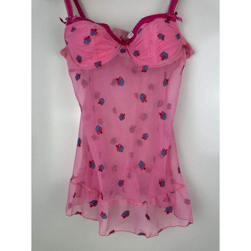 Victoria’s Secret Lingerie Chemise Pink Cupcakes Sheer Babydoll 34B Valentine - Picture 10 of 12